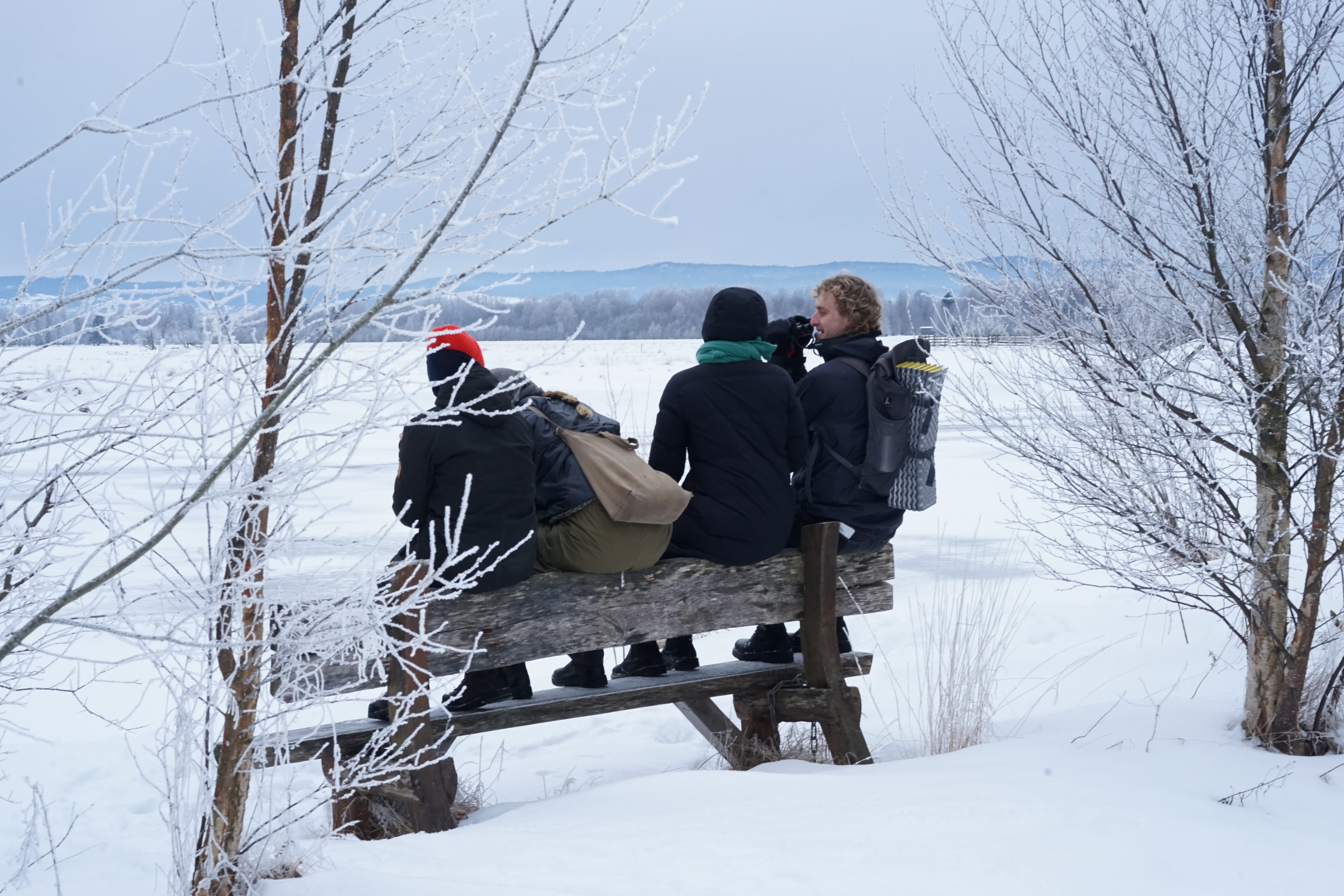Artist group sitting on a bench in the snowy landscape of Nordre Øyeren